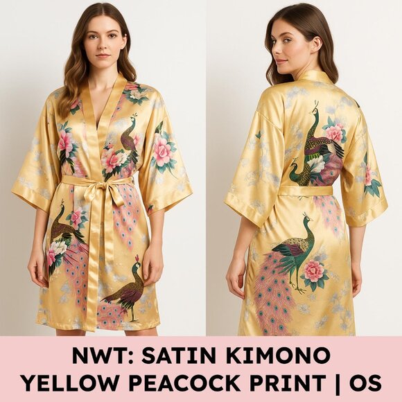Oriental Village Other - Oriental Village Kimono Robe Satin Look Peacock Floral Champagne OS NWT
